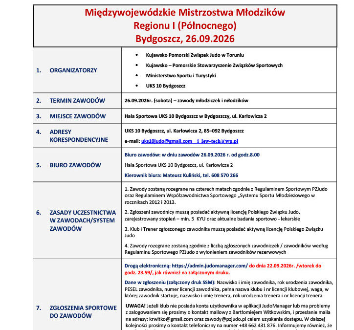 Międzywojewódzkie Mistrzostwa Młodzików Regionu I (Północnego) Bydgoszcz, 26.09.2026