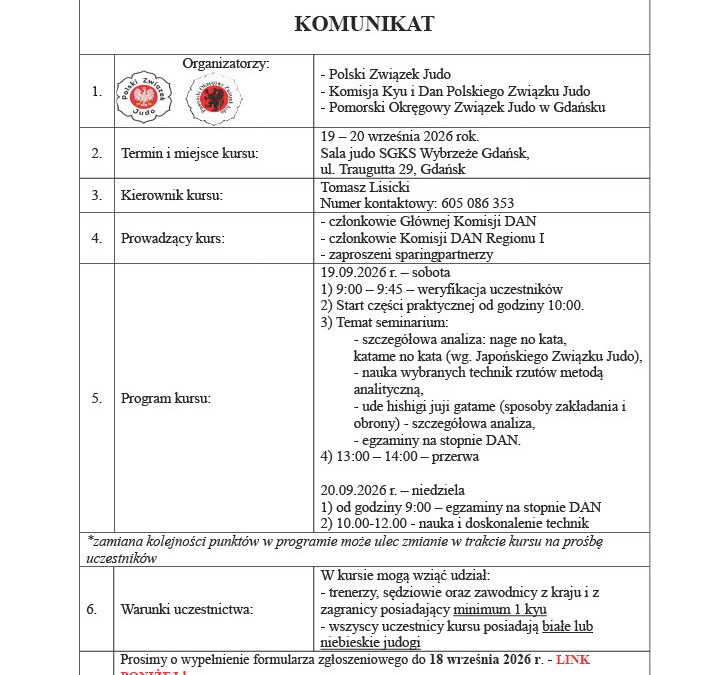 KURS DOSZKOLENIOWY KOMISJI POLSKIEGO ZWIĄZKU JUDO [19-20.09.2026]